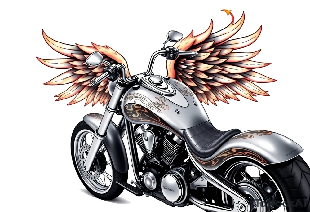 Low rider grey motorcycle, flames, angel wings tattoo idea