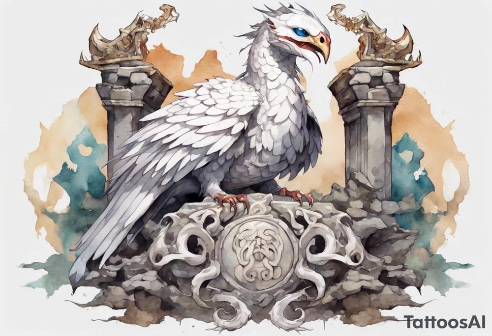 a white bird-serpent hybrid, wearing an iron crown on its head, resting on a stone throne tattoo idea