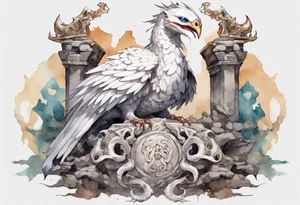 a white bird-serpent hybrid, wearing an iron crown on its head, resting on a stone throne tattoo idea