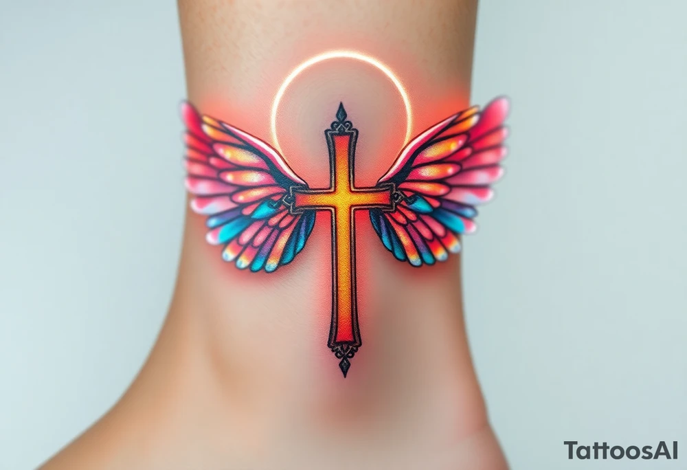 A floating cross inside a luminous halo, with iridescent wings that change colors in light tattoo idea