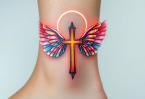 A floating cross inside a luminous halo, with iridescent wings that change colors in light tattoo idea