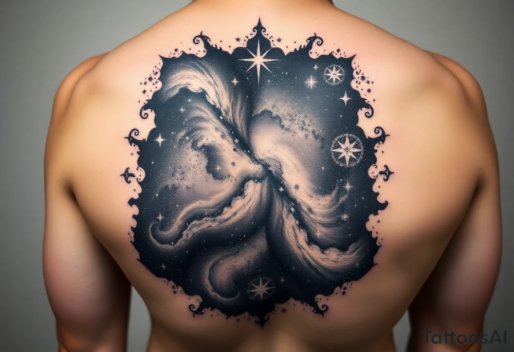 Beautiful and epic 3d milky way that appears to be what is beneath the skin. Make it drape over the shoulder and move to the middle back. use negative spaces to create stars and dust. Incorporate God breathing life into the universe. Keep it symmetrical tattoo idea