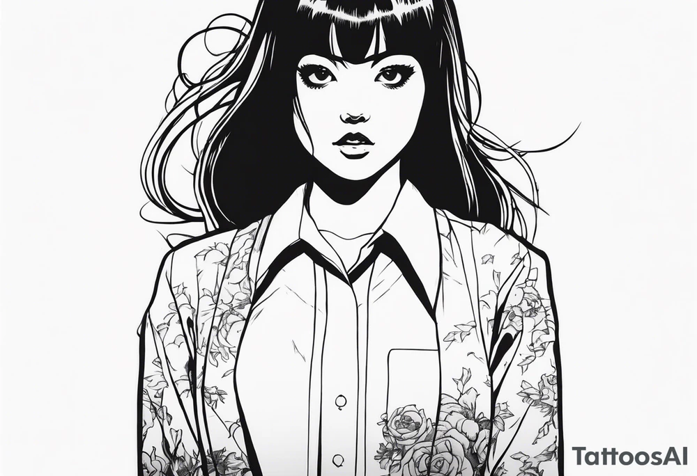 portrait of tomie standing up a character by the horror manga author junji ito full body standing murderously. add more horror and gore elements tattoo idea