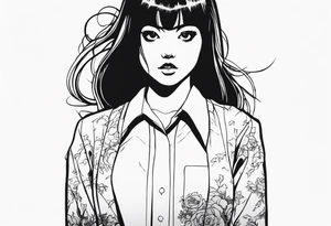 portrait of tomie standing up a character by the horror manga author junji ito full body standing murderously. add more horror and gore elements tattoo idea