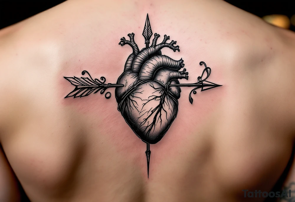 anatomical heart pierced by ornate arrow with flowing ribbons tattoo idea