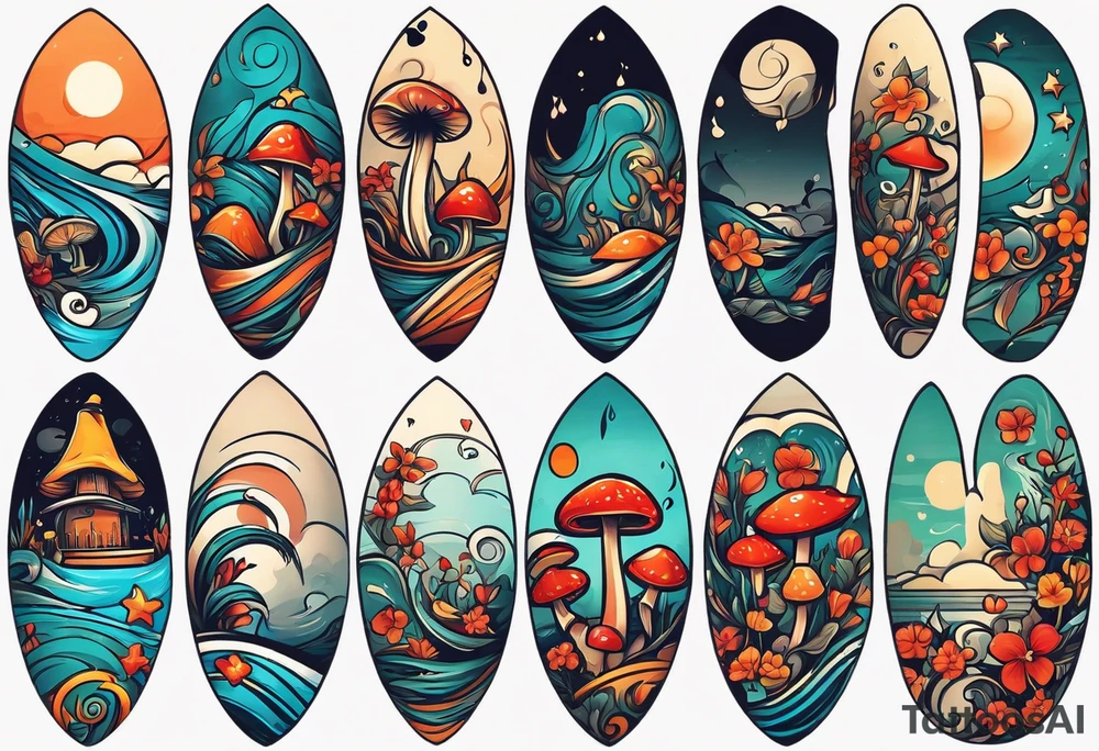 lots of empty space with simple line of icons down the back of the arm. there are four icons in this order:

1. a music note on a staff
2. a wave of water
3. a pocket
4. mushroom tattoo idea
