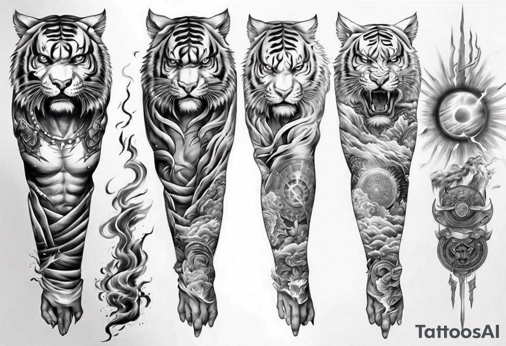 Tiger Warrior sleeve tattoo with lightning and the sun
Forearm sleeve tattoo idea