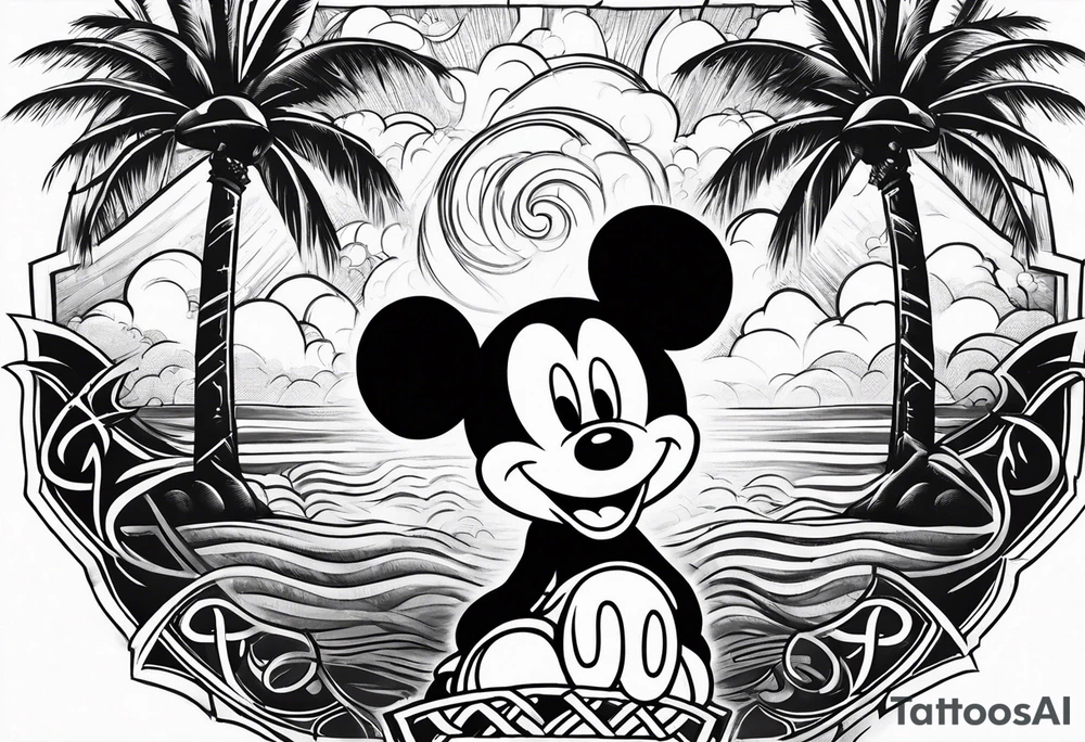 mickey mouse in a lightning storm with palm trees and the celtic symbol for family tattoo idea
