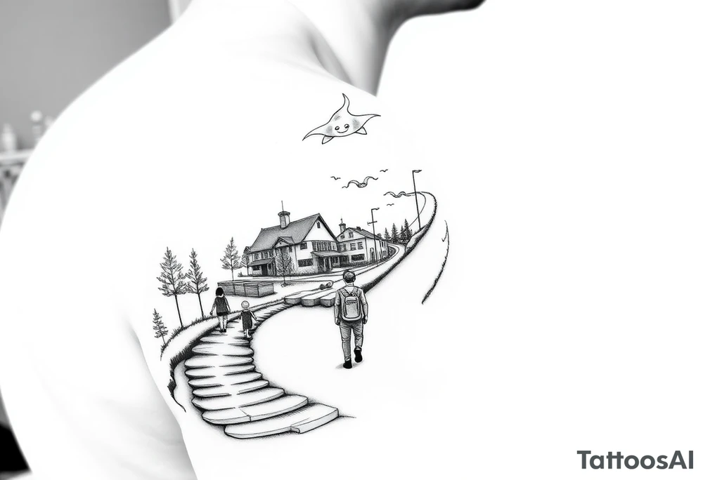 designing a black and white tattoo for a half-sleeve on shoulder: path beginning in the bottom end and winding upwards. The first third starting at the bottom. On the left are a few trees and on the right side a village and a school. A child is walking the path. On the second third, the path changes to a street. On its right side is a city and on its left side a few friends, which are attending a heavy metal concert, which is taking place on a stage. The child has grown into adolescence and is walking the street with a skateboard in one hand. On the third third, there is a man on the still upwards winding street, with drum sticks in one hand. There is a japanese Tori on the street and on the left, the streets changes to a beach. In the sea a manta ray is visible. tattoo idea