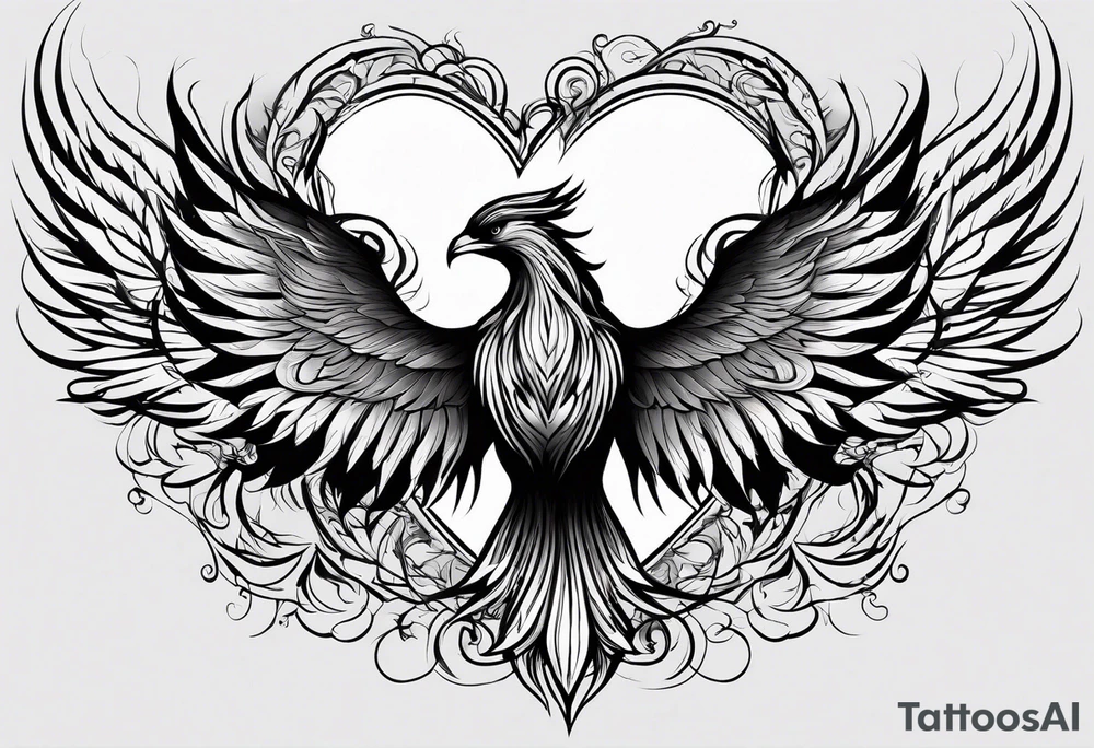 Depict a phoenix rising from flames shaped like hearts, symbolizing the transformative power of love and the strength that emerges from the ashes of challenges. tattoo idea