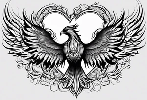 Depict a phoenix rising from flames shaped like hearts, symbolizing the transformative power of love and the strength that emerges from the ashes of challenges. tattoo idea