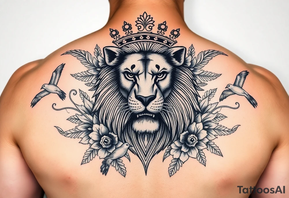 powerful majestic lion with a crown, surrounded by floral ornaments and birds tattoo idea