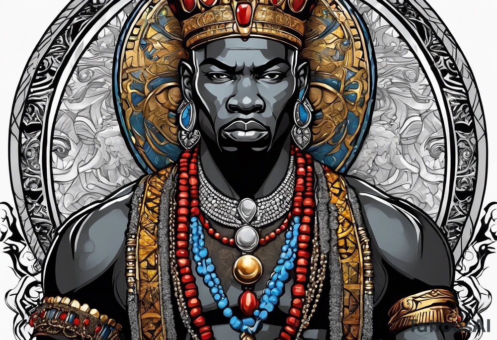An african god, a bald warrior, that uses a sword and a silver crown. He also uses blue and red necklaces tattoo idea