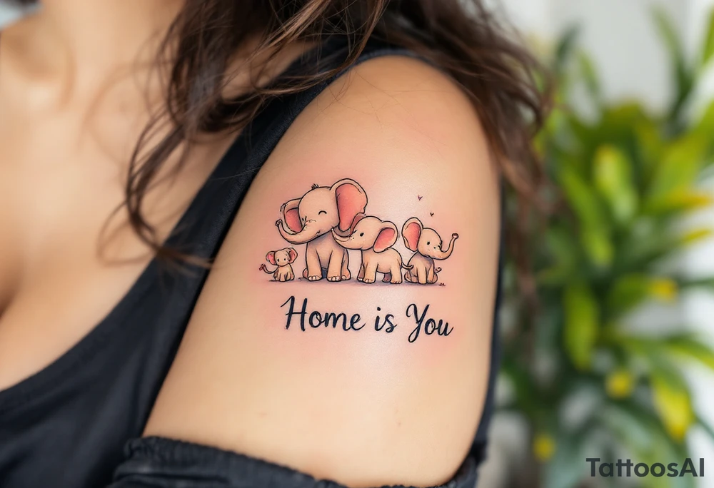 A cartoon-style elephant family on left pack in pastel tones holding tails with “Home is You” below. tattoo idea