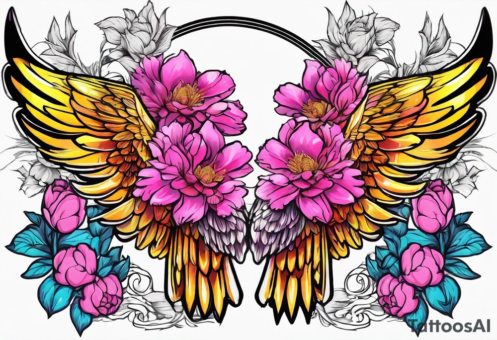 beautiful colorful neon angel wings, surrounded by beautiful peonies, new school style, streetwear, urban wear, white background tattoo idea