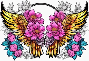beautiful colorful neon angel wings, surrounded by beautiful peonies, new school style, streetwear, urban wear, white background tattoo idea