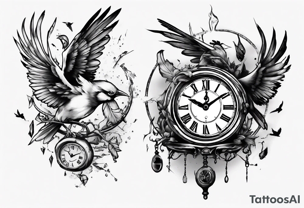 clock breaks like a mirror and small pieces turn into birds tattoo idea