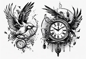clock breaks like a mirror and small pieces turn into birds tattoo idea