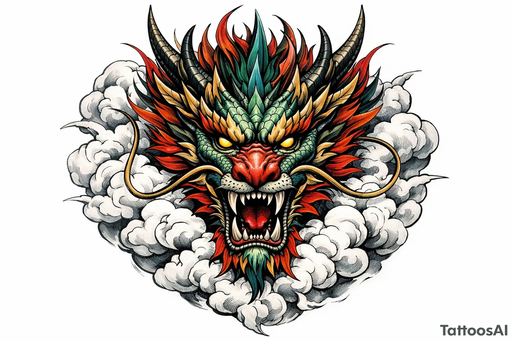 Mythical Chinese dragon head emerging from clouds, stylized, vibrant colors, full frontal view. tattoo idea