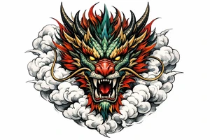 Mythical Chinese dragon head emerging from clouds, stylized, vibrant colors, full frontal view. tattoo idea