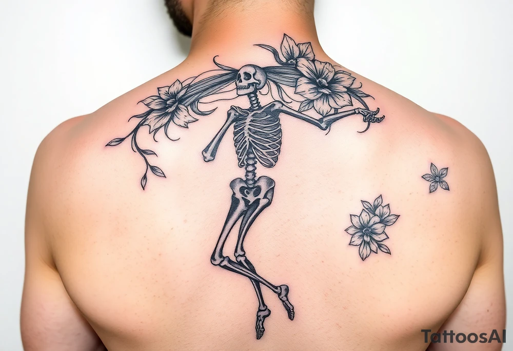 Feminine dancing skeleton with floral flowing hair tattoo idea