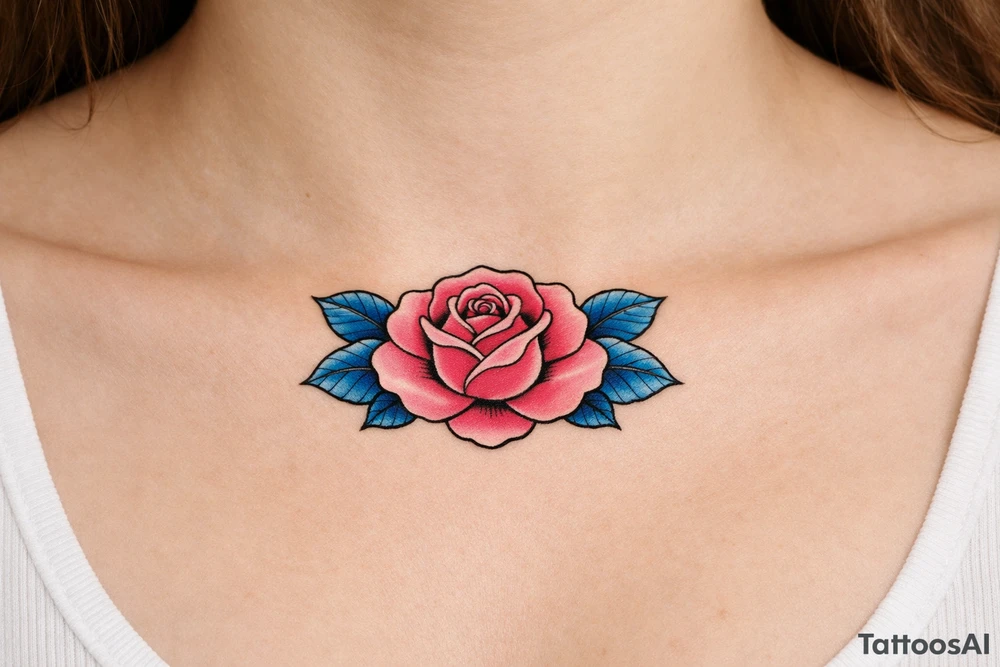 Pink rose , blue leaves no stem tattoo idea