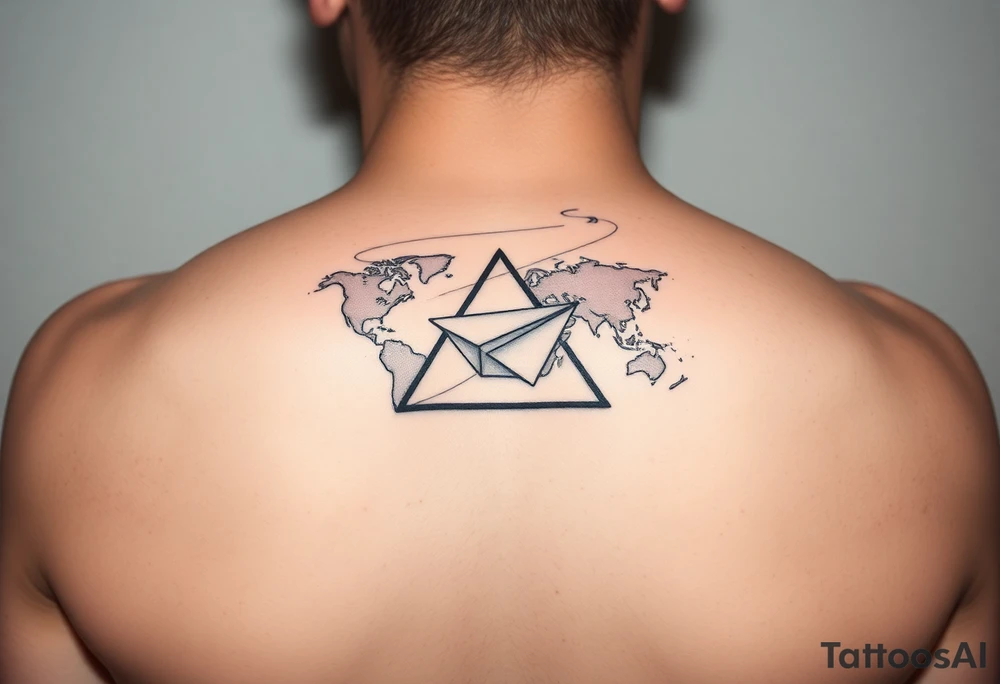 Small geometric triangle with a geometric paper plane with fine thin lines flying around the world with fine thin lines tattoo idea