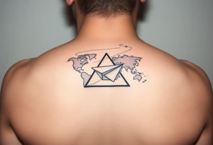 Small geometric triangle with a geometric paper plane with fine thin lines flying around the world with fine thin lines tattoo idea