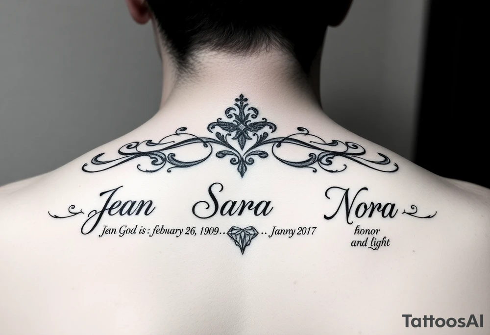 Meaning of names Jean God is gracious born on February 26 1971 mother , Sara Princess born on January 28 1999 oldest daughter, Nora honor and light born on August 14 2000 youngest daughter tattoo idea