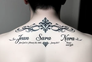 Meaning of names Jean God is gracious born on February 26 1971 mother , Sara Princess born on January 28 1999 oldest daughter, Nora honor and light born on August 14 2000 youngest daughter tattoo idea