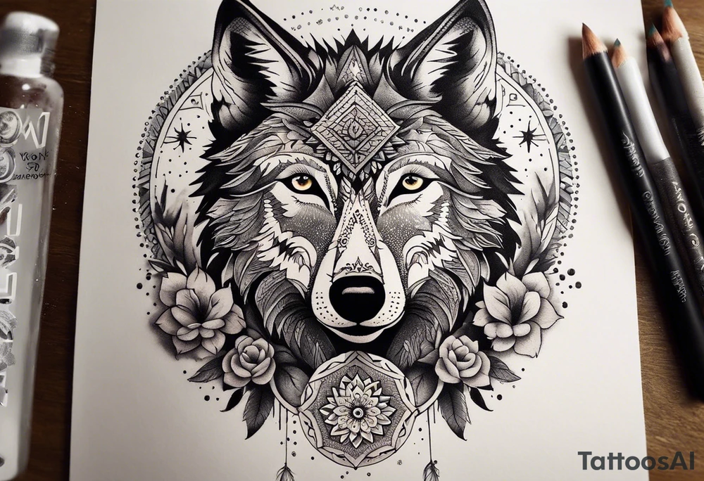 A whimsical wolf tattoo featuring mandala or dream catcher elements, with the wolf as the central focus, surrounded by mountains in the background. Include flowers and nature elements to fill the space around the wolf. Some color but not completely solid bold color tattoo idea