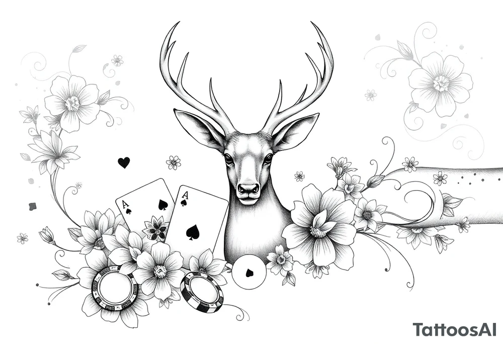 Casino theme with deer cards, dice poker, chips, and flowers and swirls in the background for a sleeve half sleeve tattoo idea
