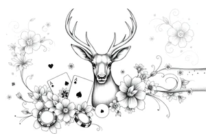 Casino theme with deer cards, dice poker, chips, and flowers and swirls in the background for a sleeve half sleeve tattoo idea