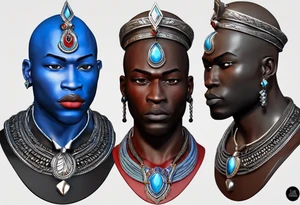 Black-skinned bald african warrior bust. He wears a simple and small silver crown. He uses two simple necklaces: one blue, other red. tattoo idea