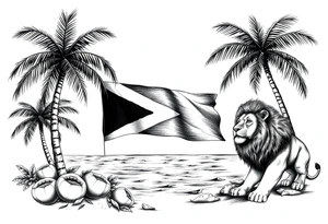 an image that represent jamaican island life with palm trees, ocean, coconuts, lions, and jamaican flag tattoo idea