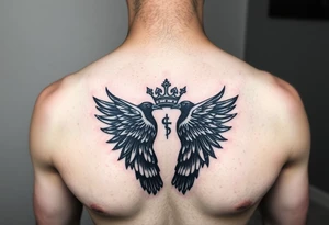 Chest tattoo, two ravens and icelandic symbols, dark brest tattoo, crown betwen ravens tattoo idea
