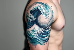A wave in layered brushstrokes of teal, indigo, and gray mimics a watercolor painting. tattoo idea