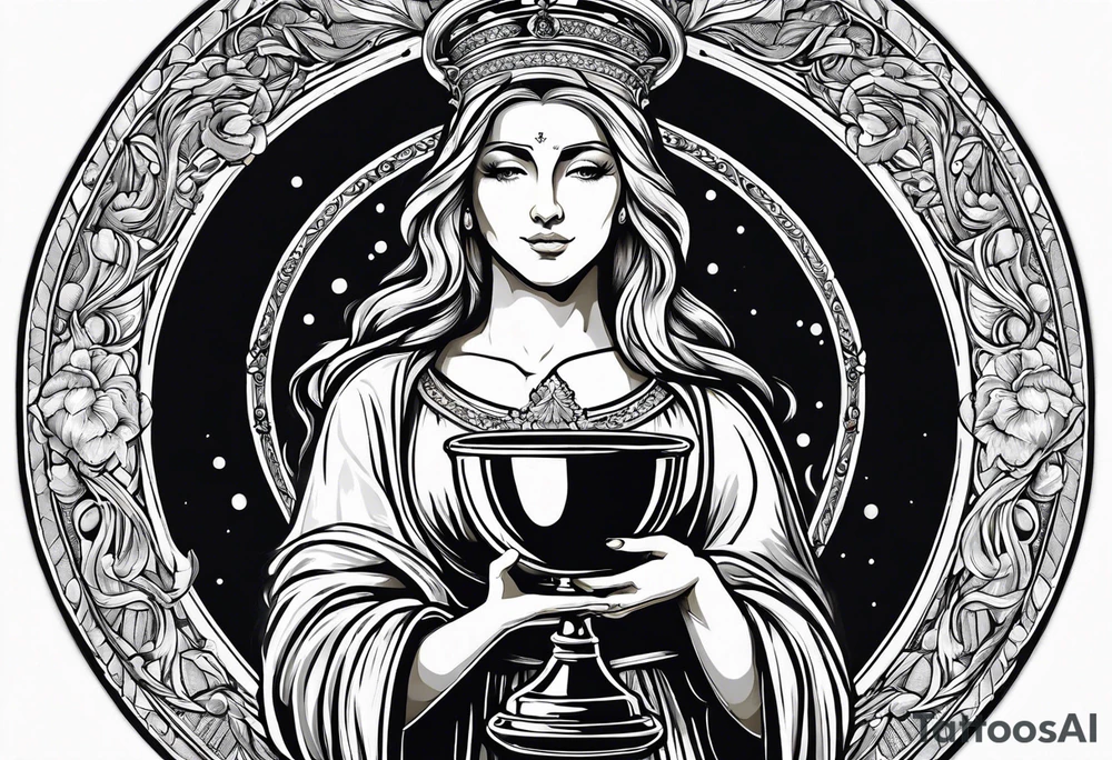woman saint holding chalice surrounded by golden halo portrait tattoo idea