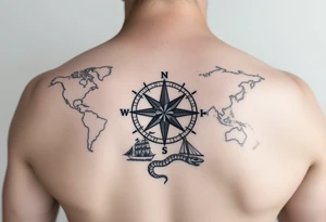 antique compass rose overlaid on weathered world map with sailing ships and a snake tattoo idea