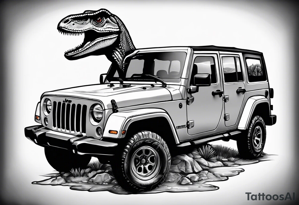 Velociraptor, a jeep, and the Jurassic Park gates tattoo idea