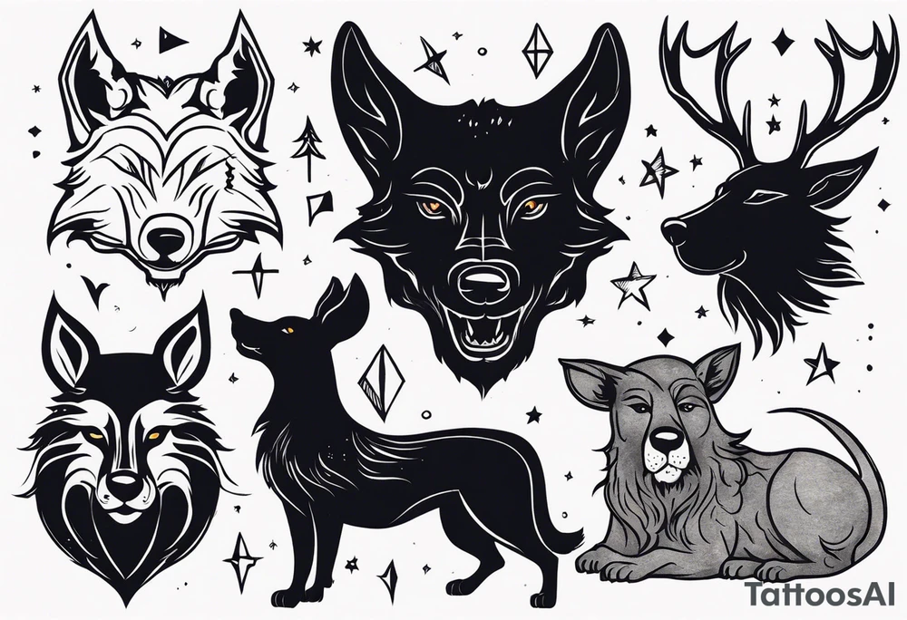 A Werewolf, a black dog, a rat and stag tattoo idea