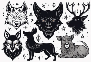 A Werewolf, a black dog, a rat and stag tattoo idea