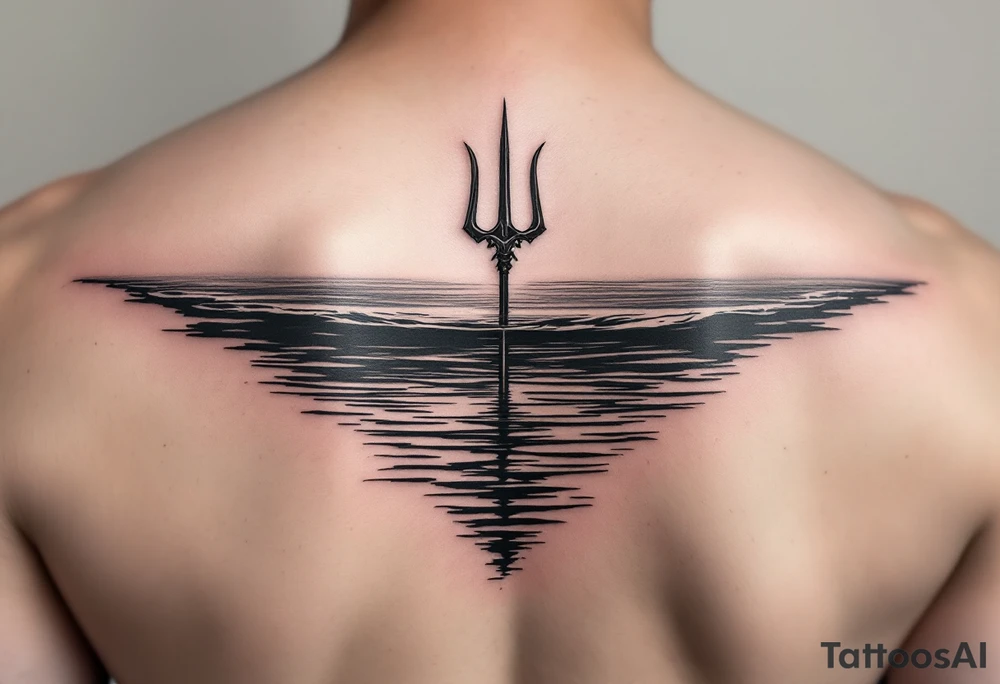 trident half way under calm water tattoo idea