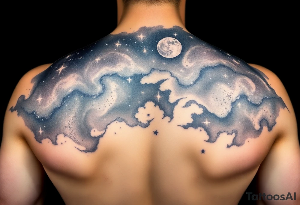 Beautiful and epic 3d milky way that appears to be what is beneath the skin. Make it drape over the shoulder and move to the middle back. use negative spaces to create stars and dust. Incorporate God breathing life into the universe. Keep it symmetrical tattoo idea