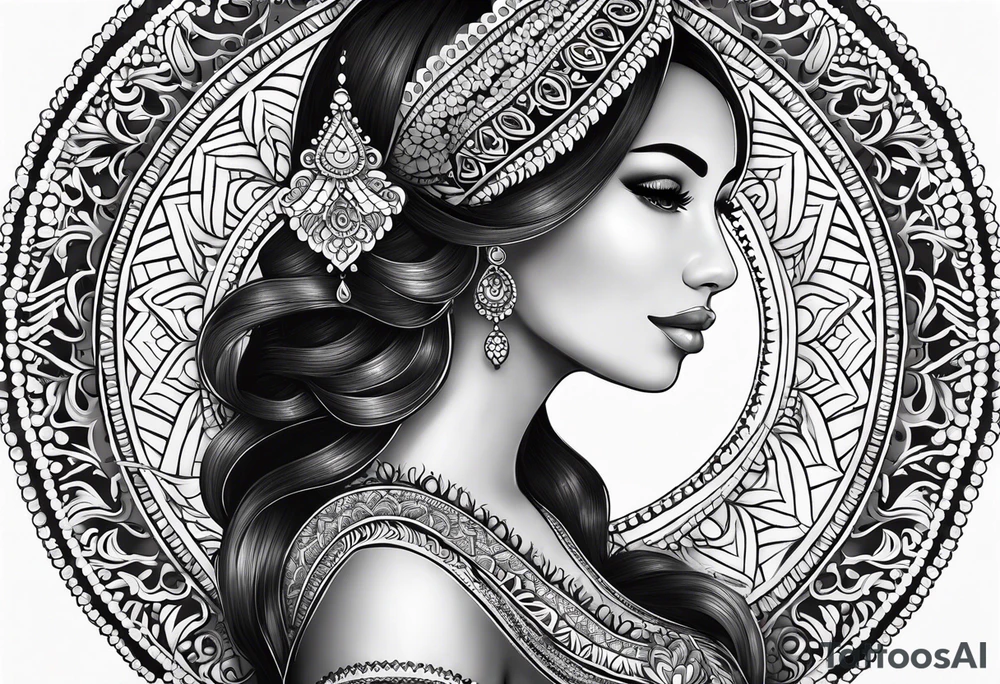 Full sleeve mandala henna female tattoo with mushroom henna at shoulder tattoo idea