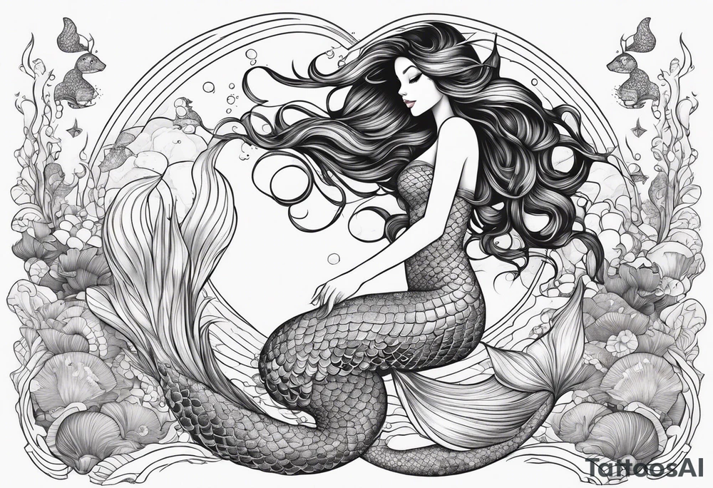 Beautiful full length mermaid under the sea with cascading hair and flowing tail. surrounded by sea creatures tattoo idea