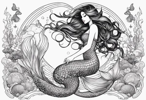 Beautiful full length mermaid under the sea with cascading hair and flowing tail. surrounded by sea creatures tattoo idea