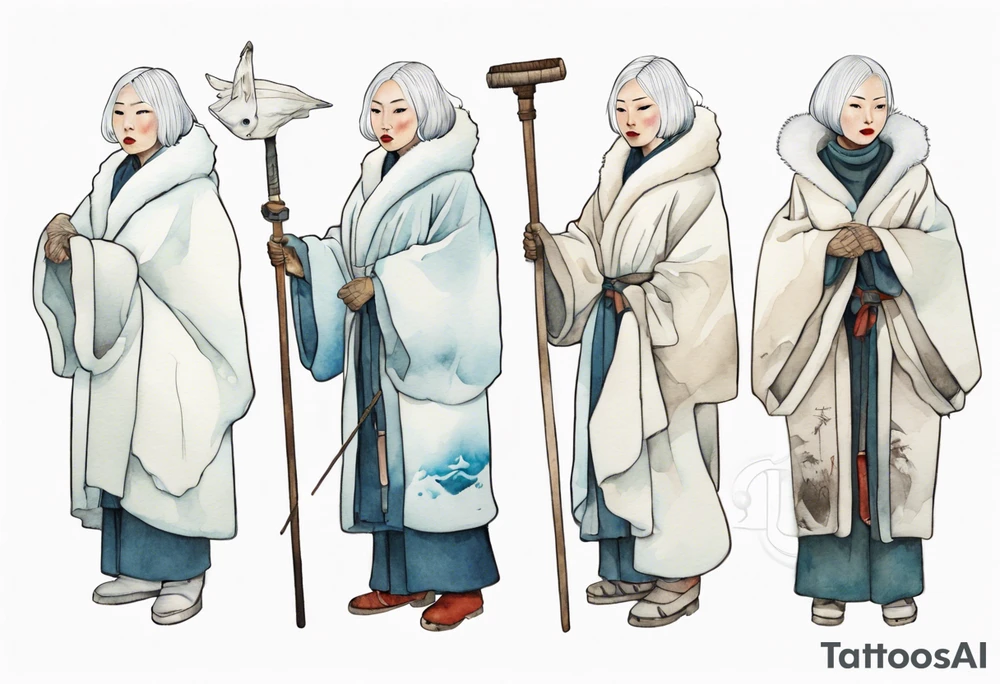 a 40 year old Inuit woman with white hair and a white robe and white mittens holding a plain white staff, standing on an iceberg tattoo idea