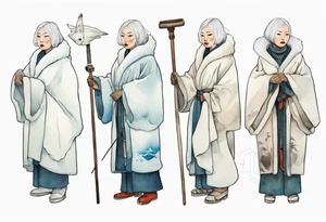 a 40 year old Inuit woman with white hair and a white robe and white mittens holding a plain white staff, standing on an iceberg tattoo idea