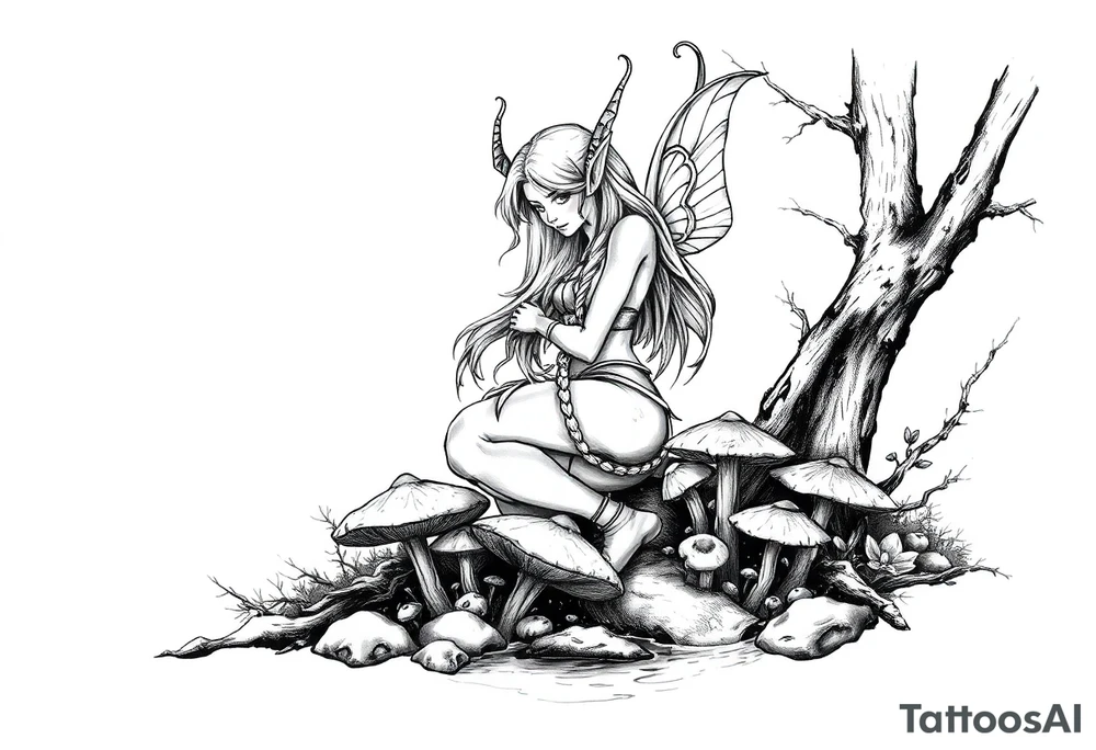 Elf with forest and mushrooms and water tattoo idea